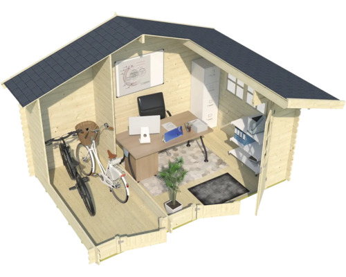 Holzgartenhaus mit Fahrrädern und Büromöbeln