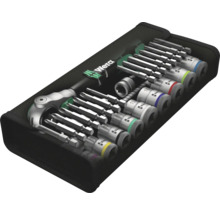 Werkzeugsatz mit Schraubendreher, Bits und Nüssen in einer schwarzen Werkzeugtasche.