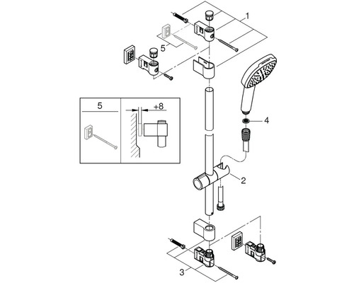 Explosionszeichnung einer Duschstange mit Handbrause, Halterung und Befestigungsmaterial