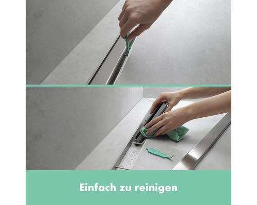 Reinigung einer Duschrinne mit einem Reinigungswerkzeug und einem Tuch