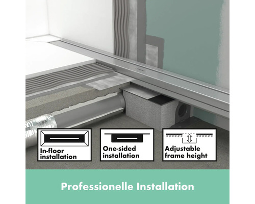 Professionelle Installation einer Duschrinne mit Informationen zu Einbau im Boden, einseitigem Einbau und verstellbarer Rahmenhöhe.