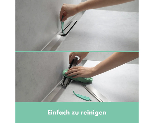 Reinigung einer Duschrinne mit Reinigungsbürste und Reinigungstuch