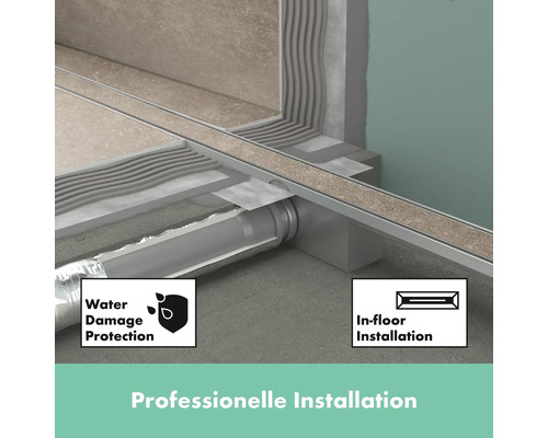 Illustration einer professionell installierten Duschrinne mit den Siegeln Wasserschadensschutz und Bodeninstallation