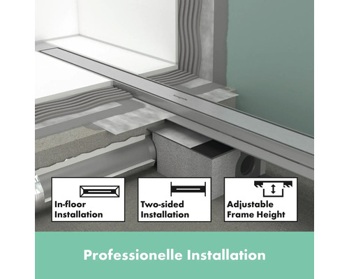 Professionelle Installation einer Duschrinne mit In-Floor-Installation, zweiseitiger Installation und verstellbarer Rahmenhöhe