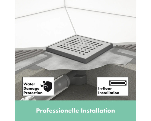 Illustration eines Duschablaufs mit Wasserablauf und den Hinweisen zum Schutz vor Wasserschäden und zur Installation im Boden