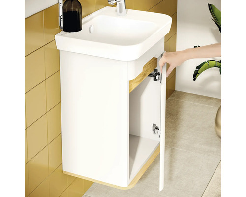 Waschtisch mit offenem weißem Unterschrank und Waschbecken