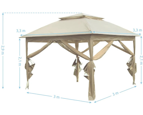 Gartendesign Pavillon mit den Maßen 3 mal 3 Meter und einer Höhe von 2,9 Metern
