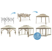 Bilderreihe zeigt den Aufbau eines Pavillons mit Faltmechanismus