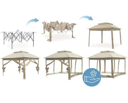 Bilderreihe zeigt den Aufbau eines Pavillons mit Faltmechanismus