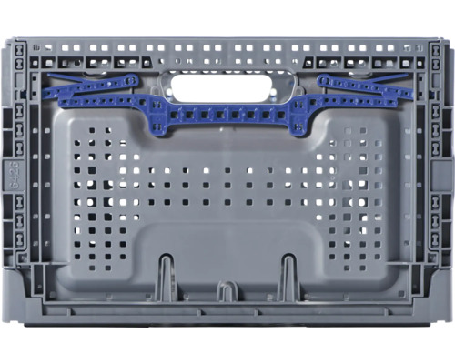 Graue Faltbox aus Kunststoff mit blauen Details für den Transport und die Lagerung