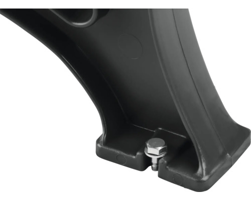 Detailansicht eines schwarzen Dachträgerfußes mit Schraubverbindung.