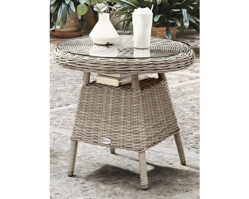 Runder Rattantisch mit Glasplatte und Ablagefläche