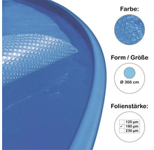 Blaue Poolabdeckung mit Noppenstruktur, Durchmesser 366 Zentimeter und Folienstärke 180 Mikrometer.