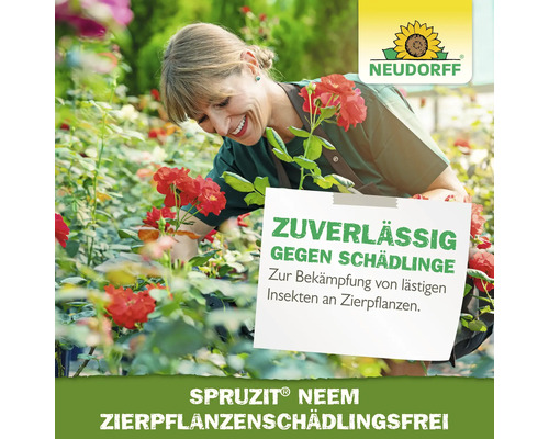 Frau im Garten mit Rosen und dem Hinweis zuverlässig gegen Schädlinge. Neudorff Logo