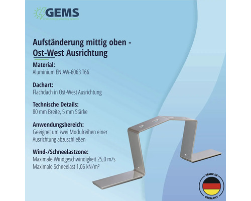 Aufständerung mittig oben für Flachdachmontage in Ost-West Ausrichtung aus Aluminium