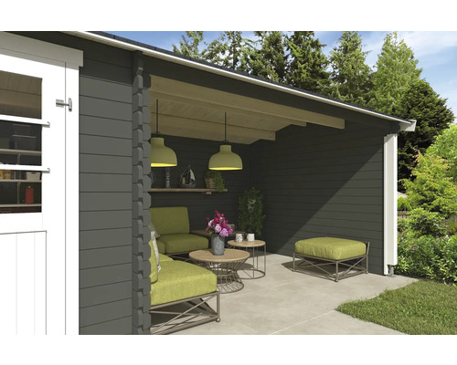 Gartenhaus mit überdachter Terrasse und Gartenmöbeln