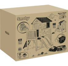 Verpackungskarton des Smoby Maison Pilotis Stelzenhauses für Kinder ab zwei Jahren mit Abbildungen des Hauses
