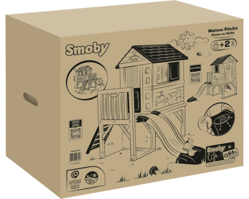 Verpackungskarton des Smoby Maison Pilotis Stelzenhauses für Kinder ab zwei Jahren mit Abbildungen des Hauses