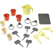 Gartengeräte-Set mit Pflanzgefäßen, Halterungen, Beschriftungsschildern und Gießkanne