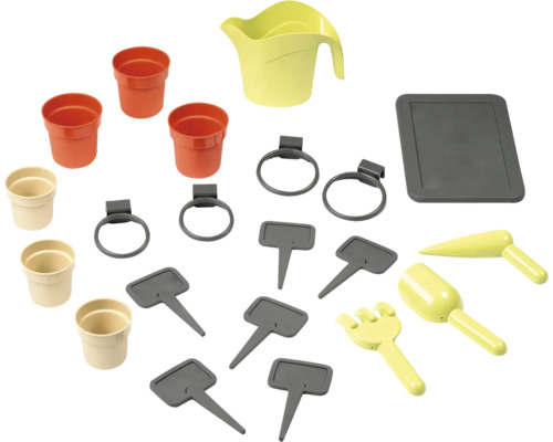 Gartengeräte-Set mit Pflanzgefäßen, Halterungen, Beschriftungsschildern und Gießkanne