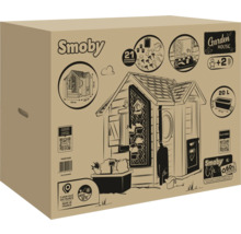 Verpackungskarton eines Smoby Gartenhauses mit Abbildungen und Produktinformationen