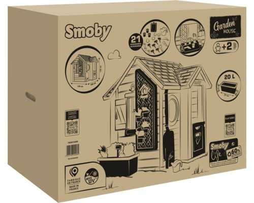 Verpackungskarton eines Smoby Gartenhauses mit Abbildungen und Produktinformationen
