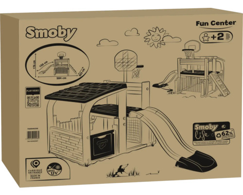 Smoby Fun Center Spielhaus Kartonverpackung mit Altersangabe ab zwei Jahren