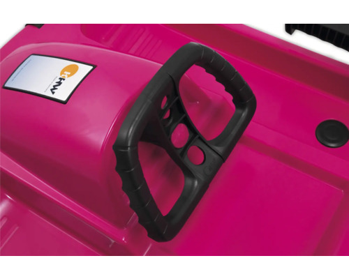 Detailansicht eines pinkfarbenen Schlittens mit schwarzem Lenkrad und KHW Logo