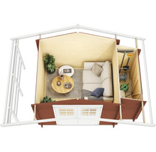 Innenansicht eines Gartenhauses mit Sofa, Tisch und Pflanzen