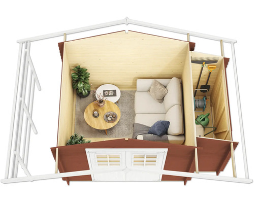 Innenansicht eines Gartenhauses mit Sofa, Tisch und Pflanzen