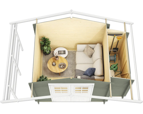 Innenansicht eines Gartenhauses mit Wohnbereich und Abstellraum