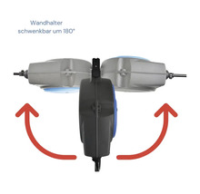Schwenkbarer Wandhalter für einen Schlauchaufroller, der sich um 180 Grad drehen lässt.