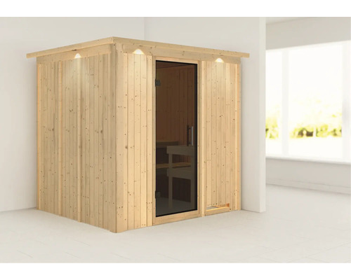 Holzsauna mit Glastür und Innenbeleuchtung