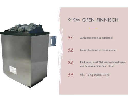 Finnischer 9 Kilowatt Saunaofen mit Diabassteinen und Außenmantel aus Edelstahl