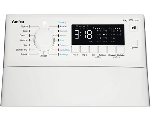 Bedienfeld einer Amica Waschmaschine mit Display, Programmwähler und Tasten
