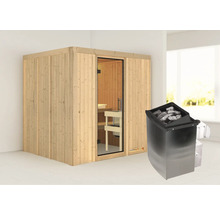 Elementsauna Karibu Sodina inkl. 9 kW Ofen u.integr.Steuerung ohne Dachkranz mit Ganzglastüre aus Klarglas