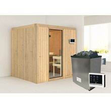 Elementsauna Karibu Sodina inkl. 9 kW Ofen u.ext.Steuerung ohne Dachkranz mit Ganzglastüre aus Klarglas