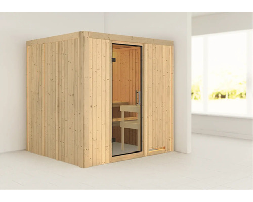Sauna aus Holz mit Glastür und Bänken