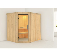 Elementsauna Karibu Petalit ohne Ofen und Dachkranz mit Ganzglastüre aus Klarglas