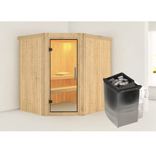 Ecksauna mit Saunaofen und Saunasteinen