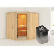 Elementsauna Karibu Siirina inkl. 9 kW Ofen u.integr.Steuerung ohne Dachkranz mit bronzierter Ganzglastüre