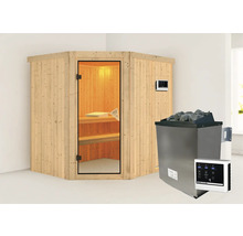 Elementsauna Karibu Siirina inkl. 9 kW Ofen u.ext.Steuerung ohne Dachkranz mit bronzierter Ganzglastüre