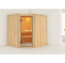 Elementsauna Karibu Siirina ohne Ofen und Dachkranz mit bronzierter Ganzglastüre