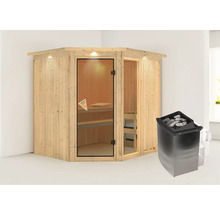 Elementsauna Karibu Siona 2 inkl. 9 kW Ofen u.integr.Steuerung mit Dachkranz und bronzierter Ganzglastüre