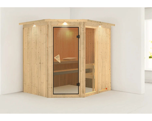 Ecksauna mit Glastür und Innenbeleuchtung