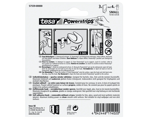Tesa Powerstrips selbstklebende Haken, rückstandsfrei ablösbar, mit Montageanleitung