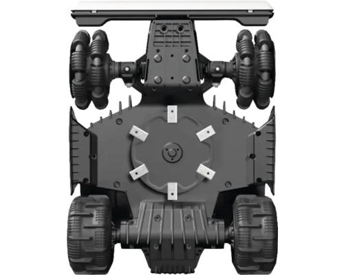 Ansicht der Unterseite eines Mähroboters mit Rädern und Messerteller