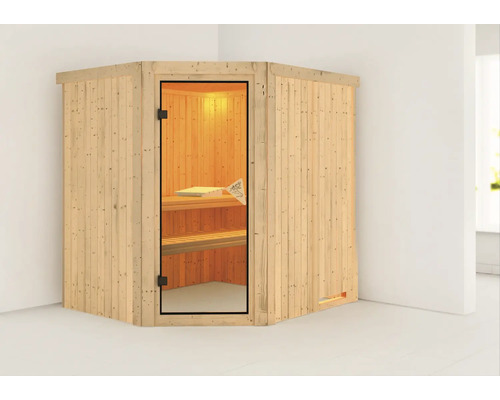 Ecksauna aus Holz mit Glastür und Inneneinrichtung