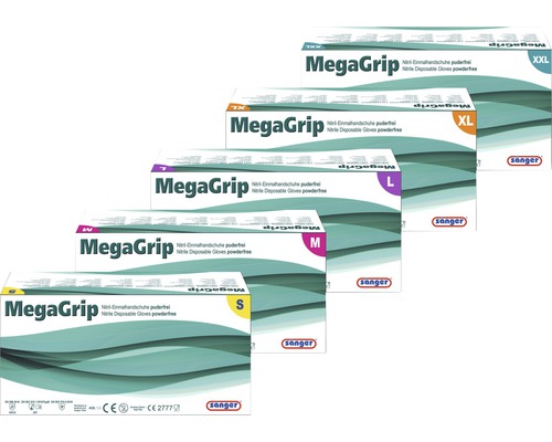 Mehrere Packungen Sanger MegaGrip Nitril Einmalhandschuhe in verschiedenen Größen