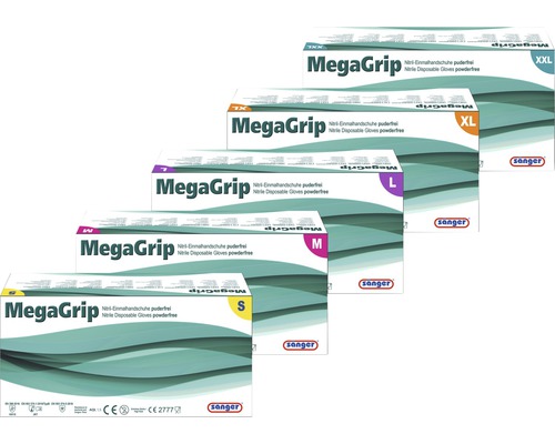 Verschiedene Packungen Sanger MegaGrip Nitril-Einmalhandschuhe in den Größen Small, Medium, Large, Extra Large und Doppel-Extra Large